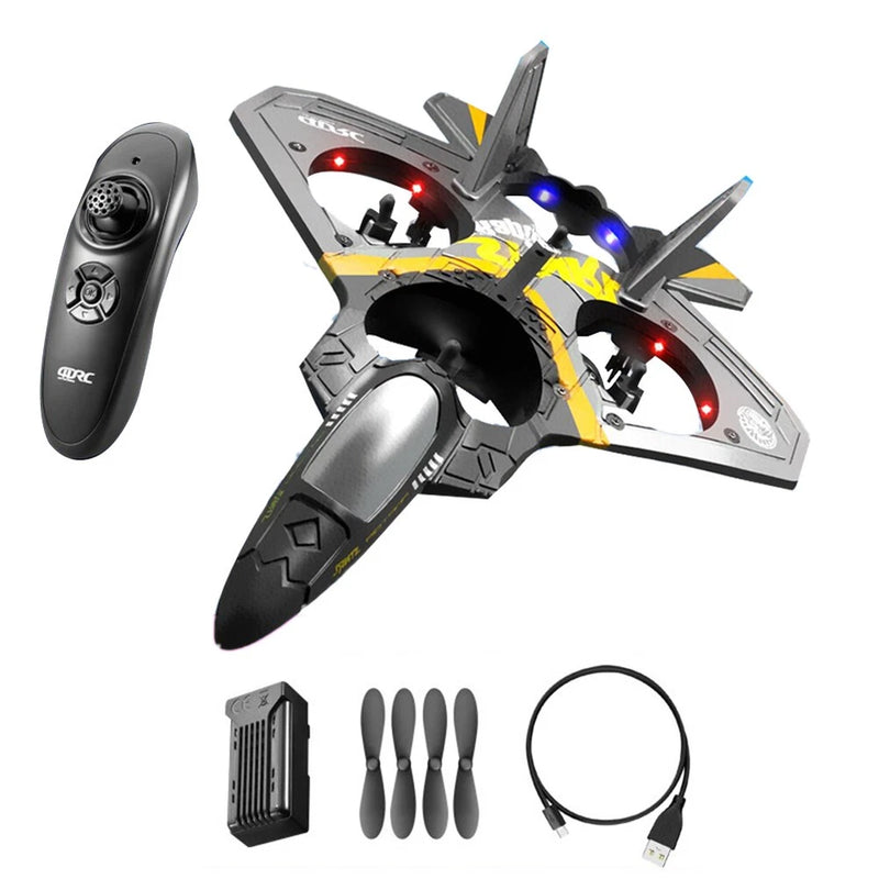 RC foam airplane with LED lights, yellow accents, and handheld controller with accessories