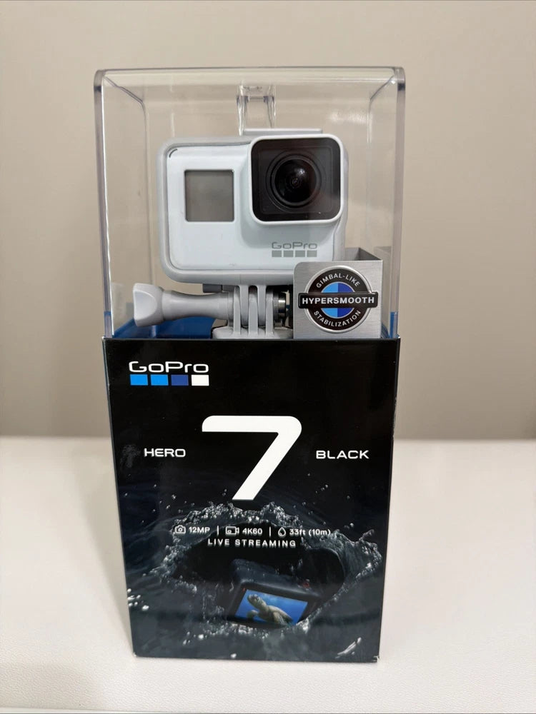 GoPro HERO7 Black action camera in retail box with mounts and accessory pieces