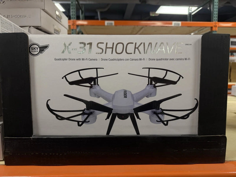 Wi‑Fi quadcopter drone with four propellers, shown in retail packaging