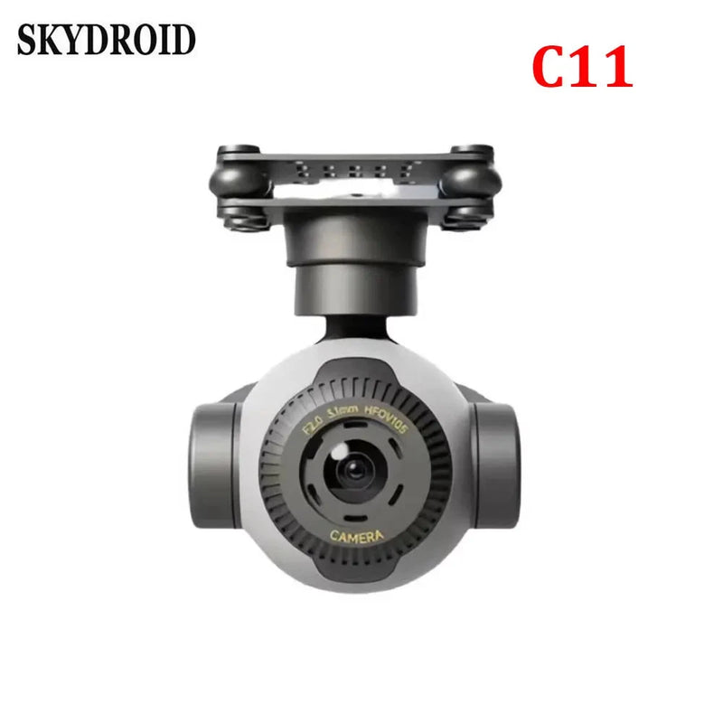 3-axis gimbal camera with lens, gray body and cooling vents