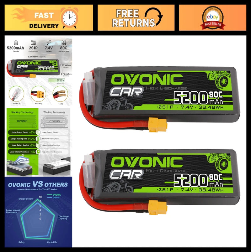 High-Performance 2S 5200mAh 7.4V 80C Lipo Battery XT60 Plug for RC Cars, Drones Battery