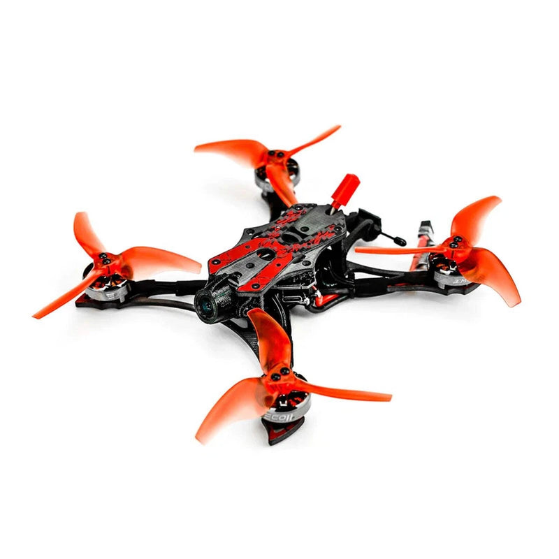 Ultralight FPV racing drone with orange propellers, black frame