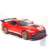 1/32 red Ford Mustang Shelby GT500 diecast model car with white racing stripes