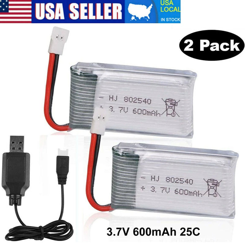 2-pack 3.7V 600mAh LiPo batteries with USB charger and cable