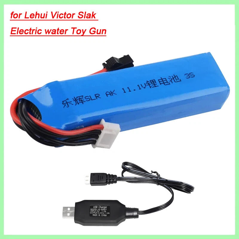 Blue 11.1V LiPo battery pack with wiring and USB charger cable