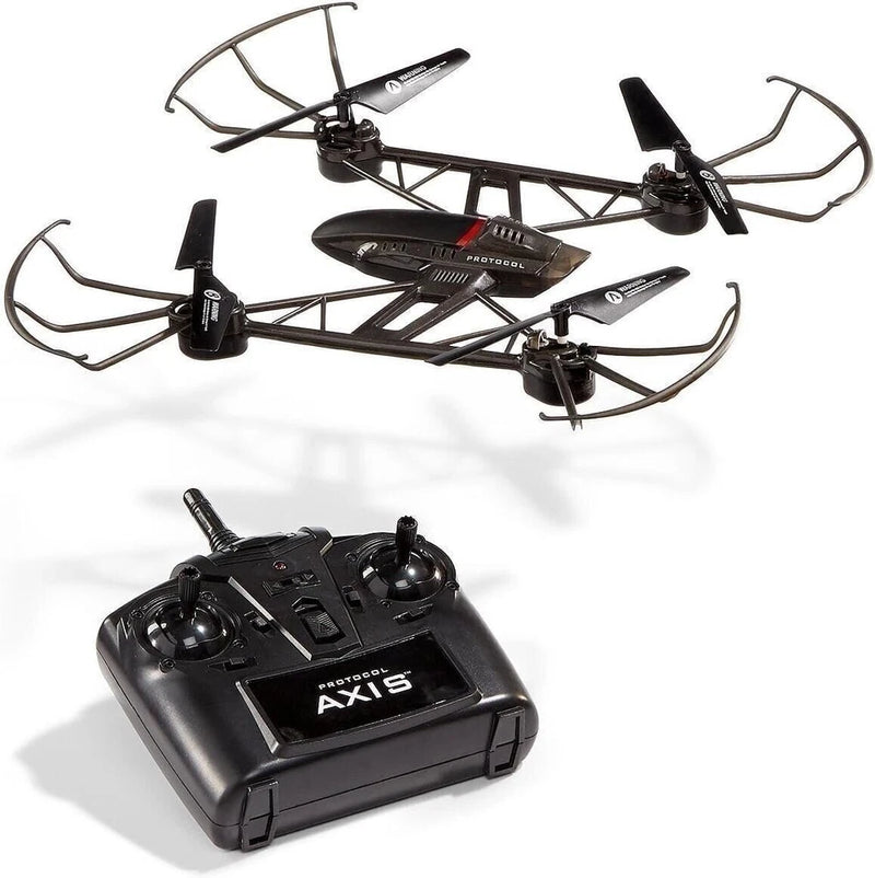 Black RC stunt drone with four propellers and handheld AXIS 2.4GHz transmitter