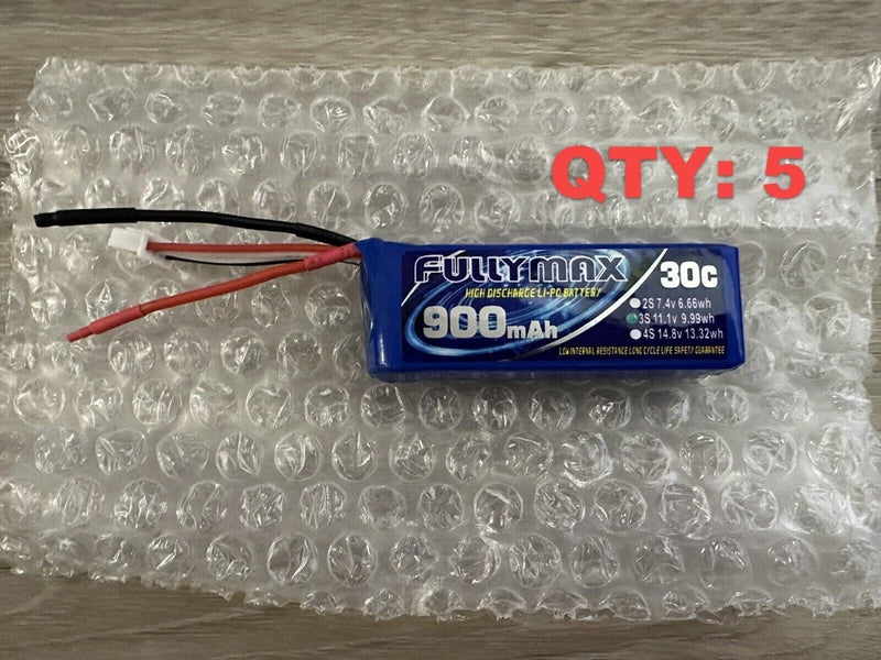 QTY 5 FULLYMAX 11.1 V 900mAh 9.99Wh 30C Lipo Lithium-Polymer Battery Blank Wires Battery