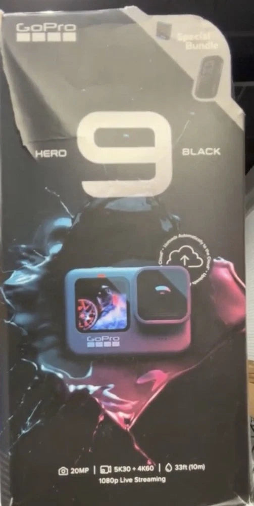 GoPro HERO9 action camera box, black HERO9 branding and screen graphic