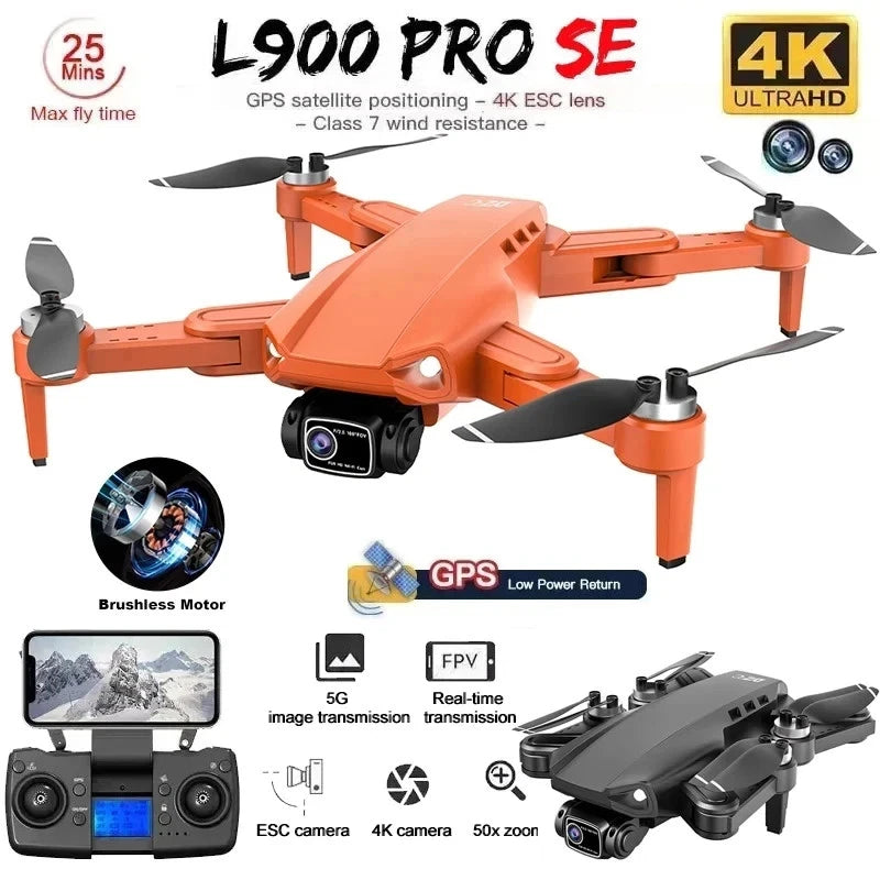 Orange GPS FPV quadcopter drone with 4K HD camera and four black propellers