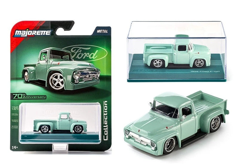 Green 1956 Ford F-100 die-cast pickup truck model in display box