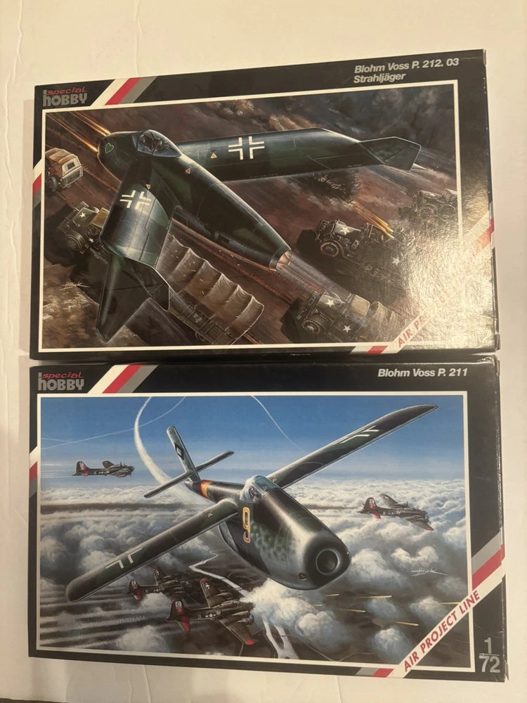1/72 scale aircraft model kit boxes featuring twin-engine jet and fighter artwork