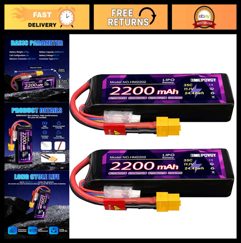 2200mAh 11.1V 3S LiPo Battery Pack 35C XT60 Plug for FPV Drone Quadcopter (2 Pks Battery