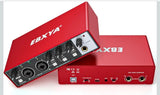 Red USB audio interface with volume knobs and front panel audio ports