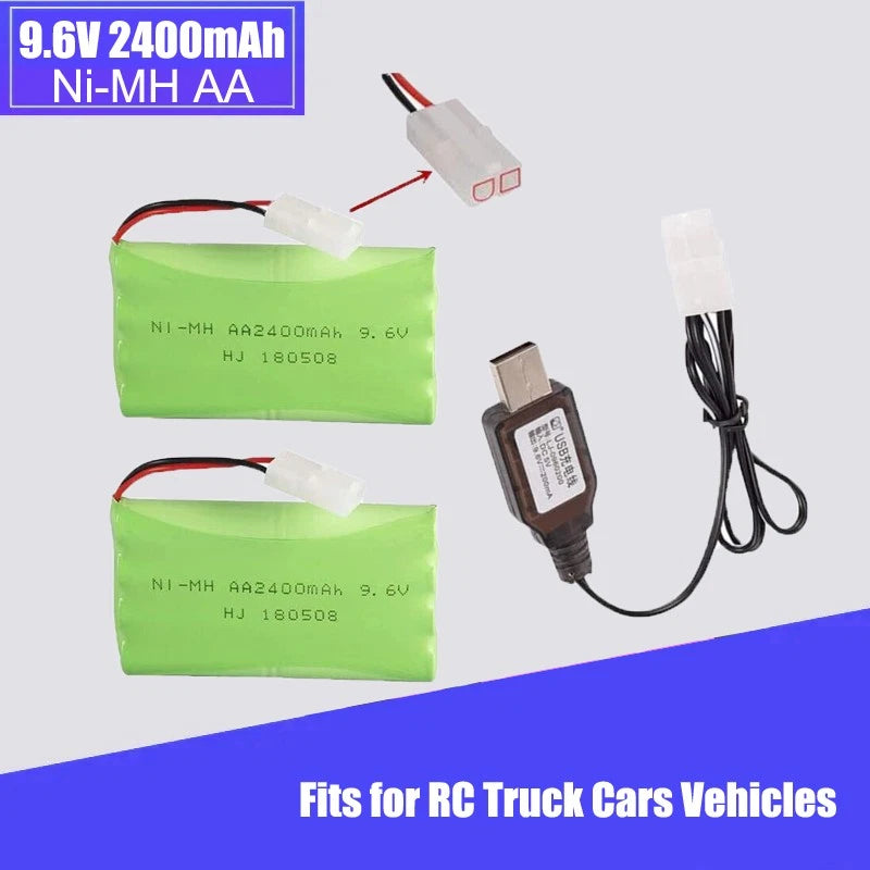 2PCS 9.6V 2400mAh NiMH Rechargeable Battery Packs + USB Charger for RadioShack