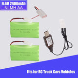 2PCS 9.6V 2400mAh NiMH Rechargeable Battery Packs + USB Charger for RadioShack