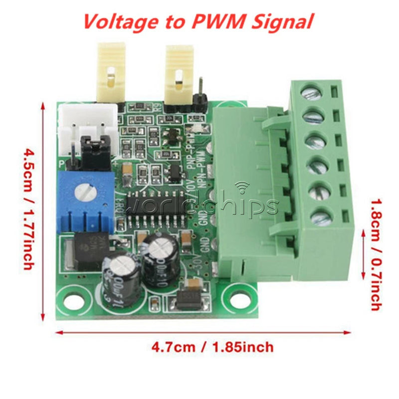 Voltage-to-PWM converter module PCB with screw terminal, blue input, and pin headers