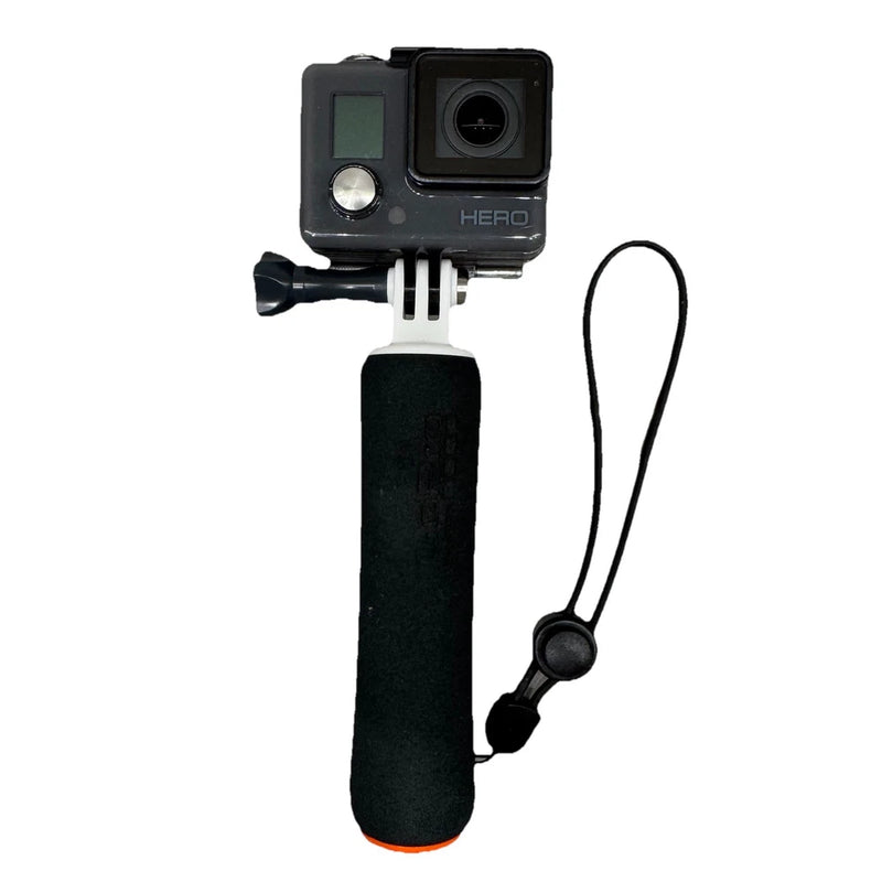 GoPro action camera with black floating handle and white mount, with tether strap