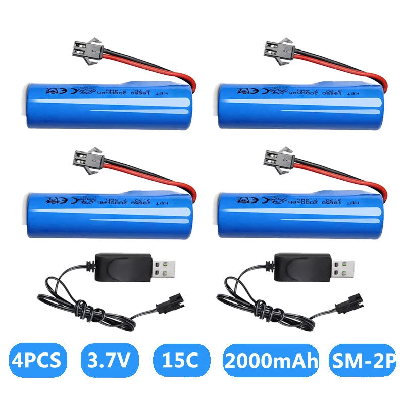 4Pcs 3.7V 2000mAh SM-2P Plug Rechargeable Battery + USB Cable for RC Cars Boats