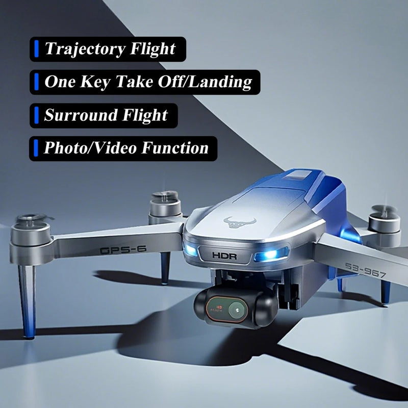 Blue and gray quadcopter drone with front gimbal camera and GPS module