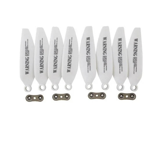 Set of white drone propeller blades with warning text and metal mounting connectors