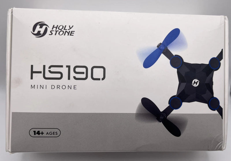 Mini drone product box with illustrated quadcopter and blue propellers, 14+ ages