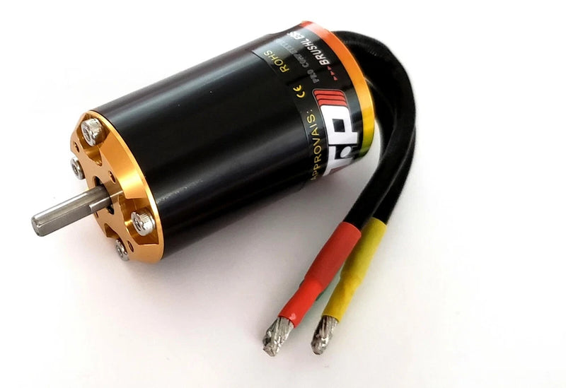 TP Power brushless motor with gold end cap, metal shaft, red and yellow wires