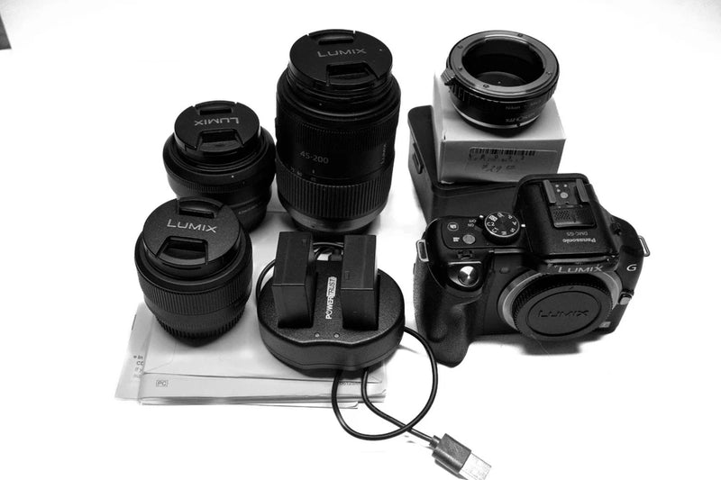 Lumix G5 camera with Sigma 30mm f2.8, Lumix 45-200mm f5.6,  Sigma 19mm f2.8,