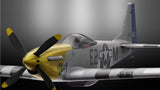 3D printed PLA RC airplane model, gray and yellow P-51 with four-blade propeller