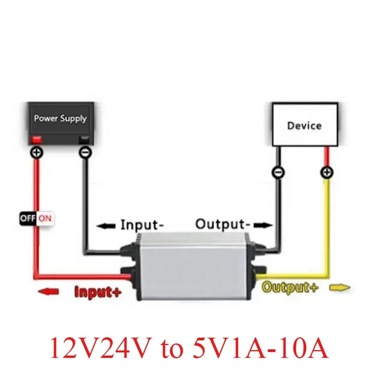 DC-DC buck converter module with Input+/-, Output+/-, 12V/24V to 5V 1A-10A