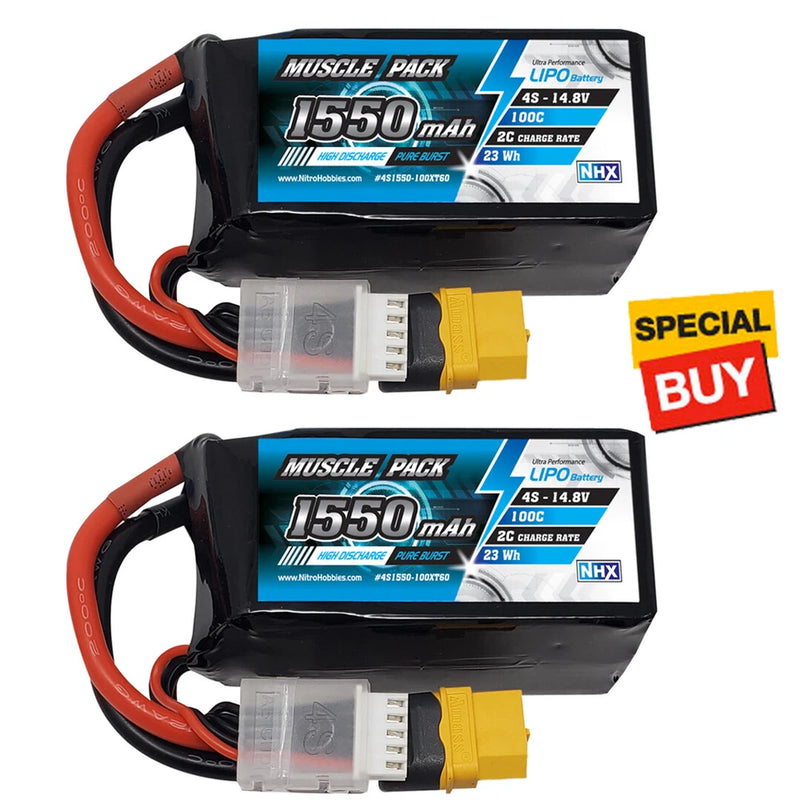 NHX Muscle Pack 4S 14.8V 1550mAh 100C Lipo Battery (2) w/XT60 Connctor FPV Drone Battery
