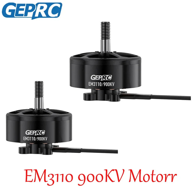 GEPRC EM3110 900KV motor, black cylindrical housing with wires and mount