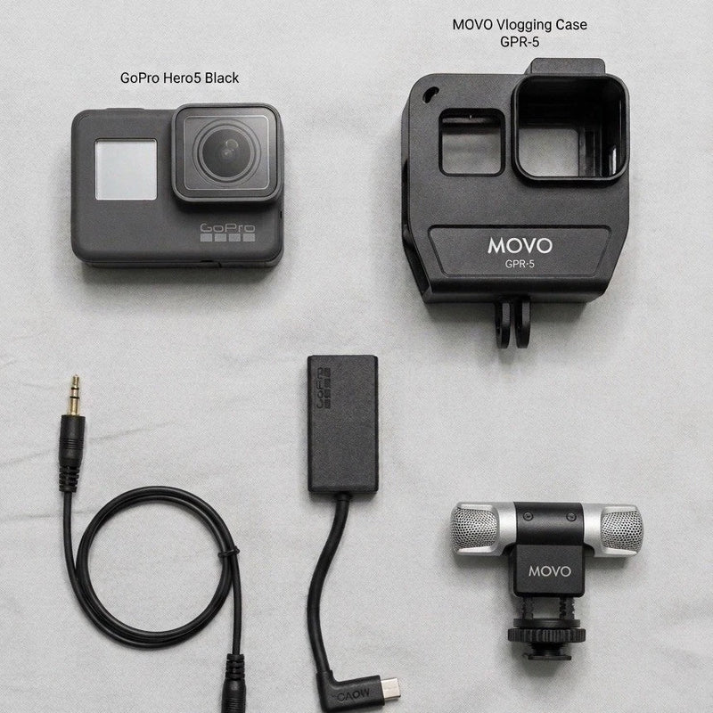 GoPro Hero5 Black action camera with MOVO vlogging case, mic, and connection cable