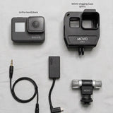 GoPro Hero5 Black action camera with MOVO vlogging case, mic, and connection cable