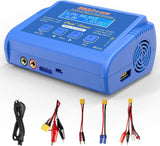Blue LiPo RC balance battery charger with LCD screen, cooling fan, and cable leads
