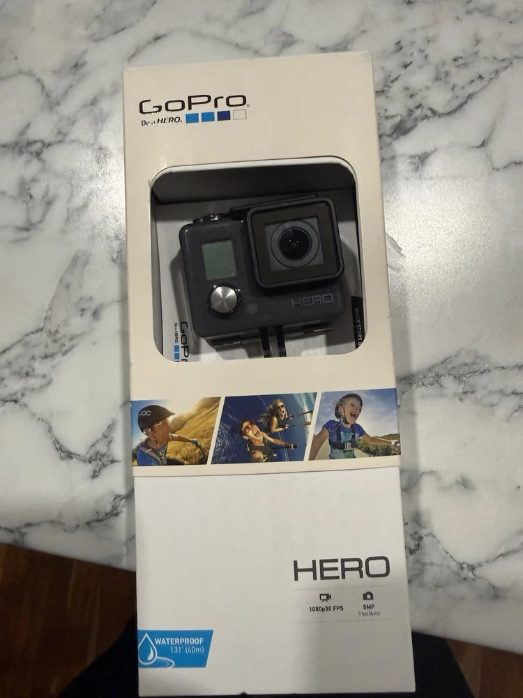 GoPro HERO action camera retail box with camera front and waterproof badge