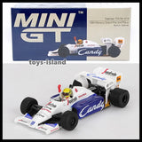 MINI GT die-cast race car model in white and blue with black tires, front 3/4 view