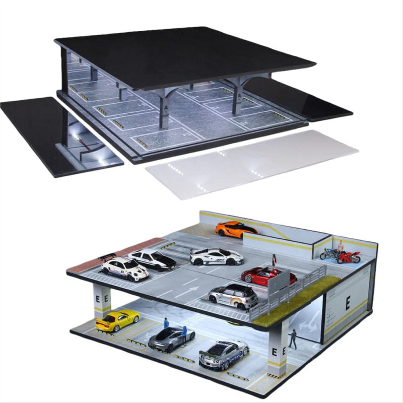Diorama 1/64 Diecast Car Garage Model LED 2-Layer Parking Lots Scene Collections