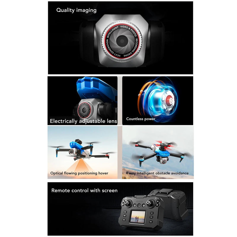 Blue quadcopter drone with camera lens and remote controller display