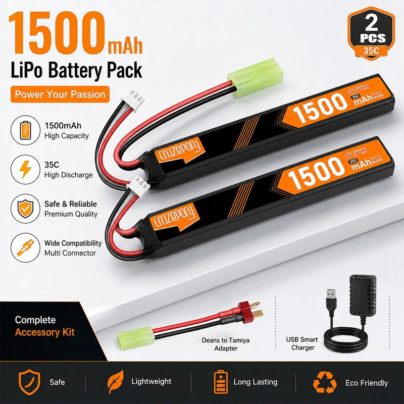 2PCS 7.4V 1500mAh LiPo Battery 35C with Mini Tamiya Connector for Airsoft AEG
