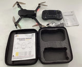 Foldable quadcopter drone with remote controller, manuals, and protective carrying case