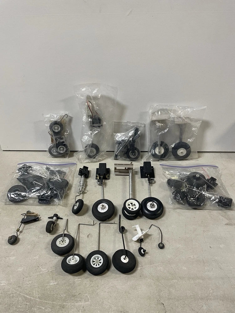 RC airplane landing gear tire and wheel set with multiple wheels and metal struts