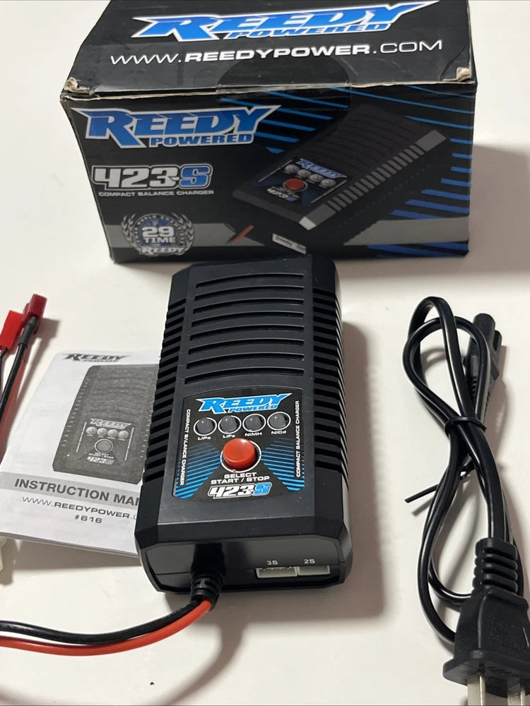 Black Reedy 423-S compact battery balance charger with power cord and indicator lights