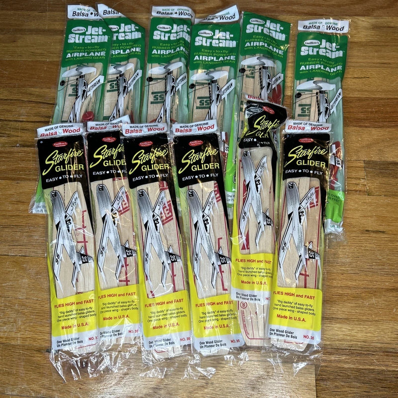 Lot  12 -6 Guillow??s Jet Stream & 6 Starfire Glider Rubber Band Airplane Toy