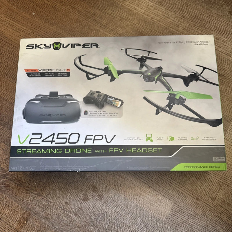 Sky Viper V2450 FPV streaming drone box with FPV headset, green and black design