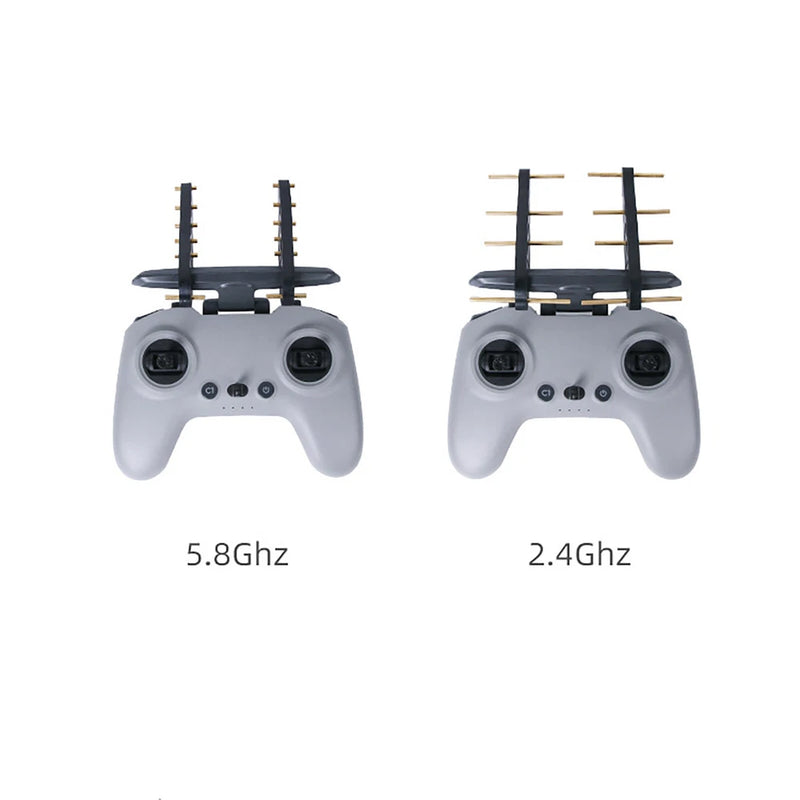 Drone signal booster antennas with black dual rods attached to handheld controller