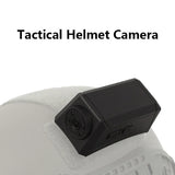 Black action camera with front lens on helmet mount