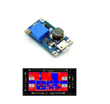 Blue DC step-up booster module PCB with micro USB port and voltage regulator components