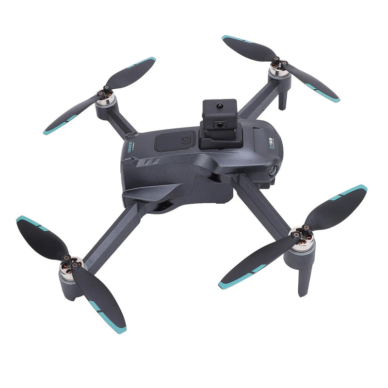 Black RC quadcopter drone with four propellers and dual camera module