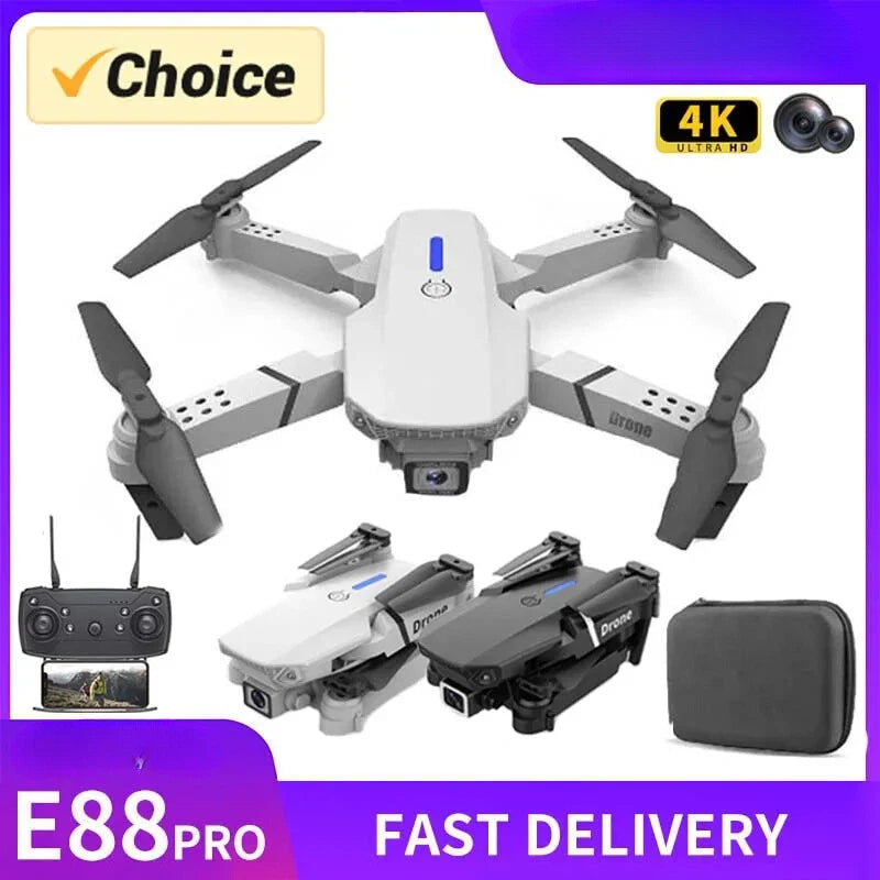 Foldable white quadcopter drone with 4 propellers, remote controller and case