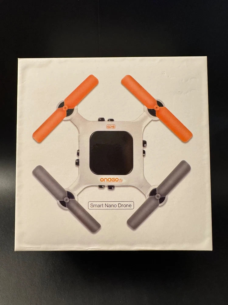 Smart nano drone on retail box, white body with two orange and two gray propellers